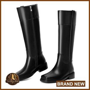 Women's Knee High Boots with Side Zipper Square Toe Low Chunky Heel